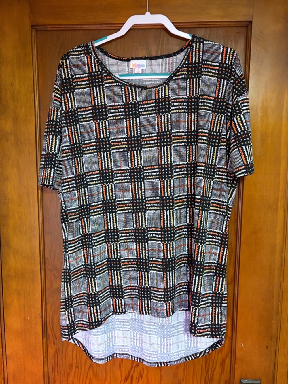 LuLaRoe Small Irma Tunic Black, Orange & Cream Plaid Short Sleeve Top